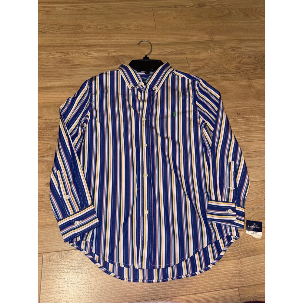 Ralph Lauren Boys Size 7 Striped Button Down Shirt Long Sleeve Blue Yellow NWT